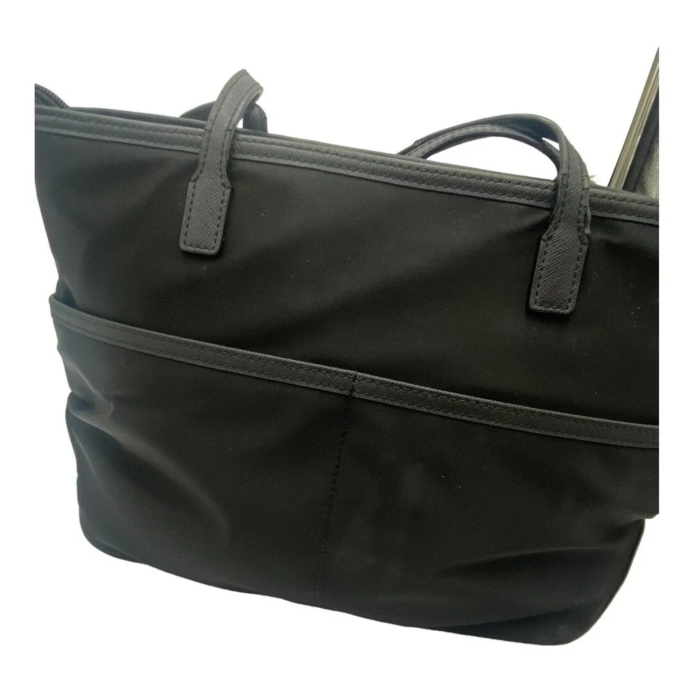 Michael Kors Kempton Medium Pocket Tote‎ Bag black leather nylon zip gold